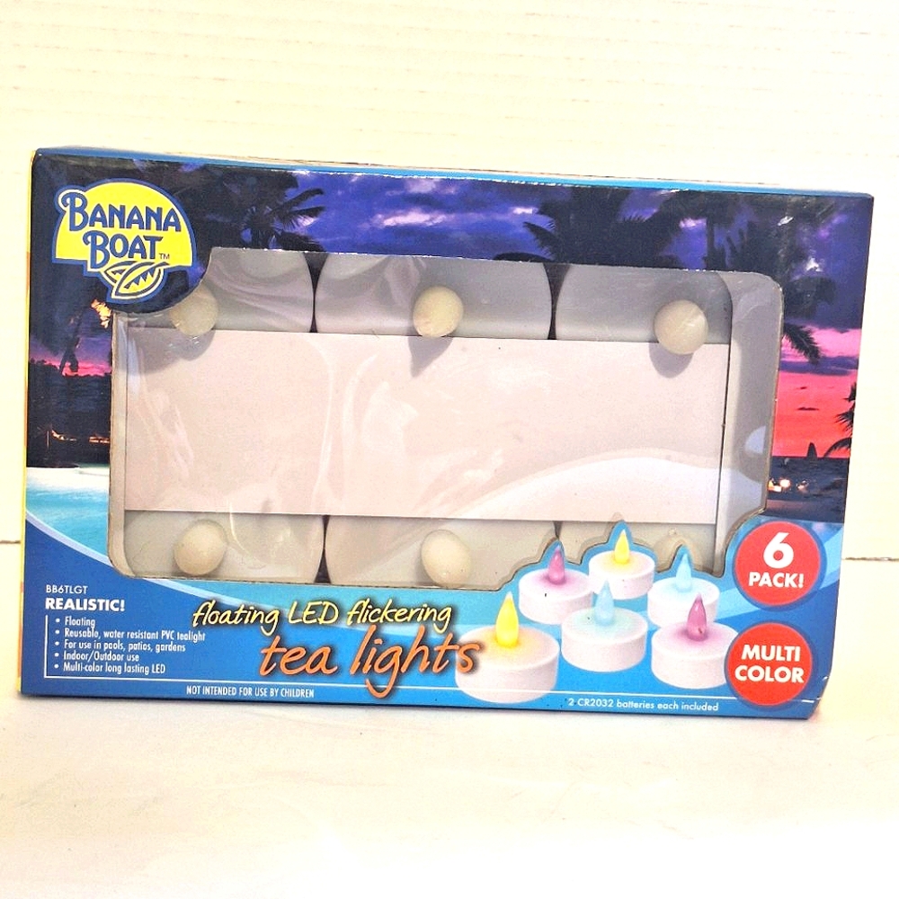 Banana Boat 6 Pack Floating LED Flickering Tea Light Candles Multicolor NIB